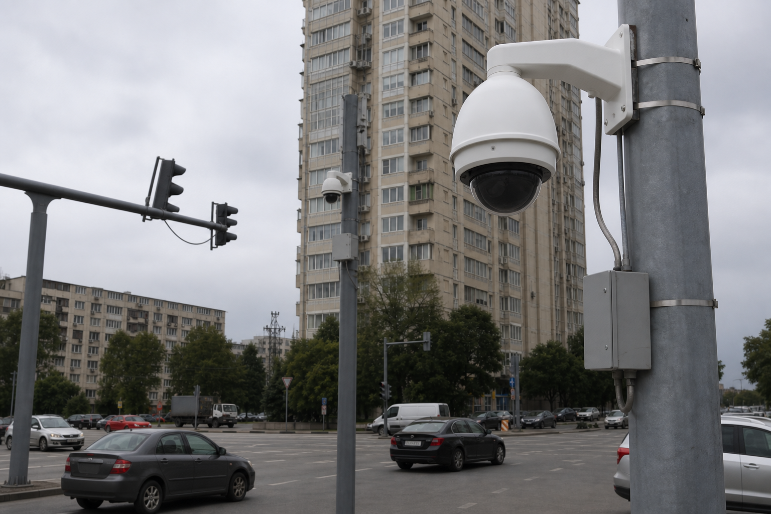 Speed-dome su pali a un incrocio, di giorno