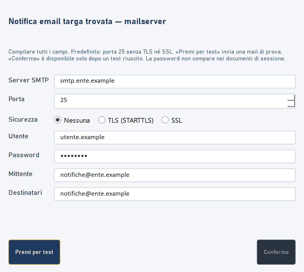 Finestra dei parametri del mailserver per la notifica email